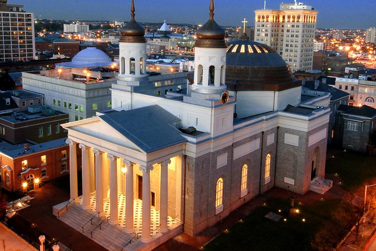 The Baltimore Basilica at dusk
