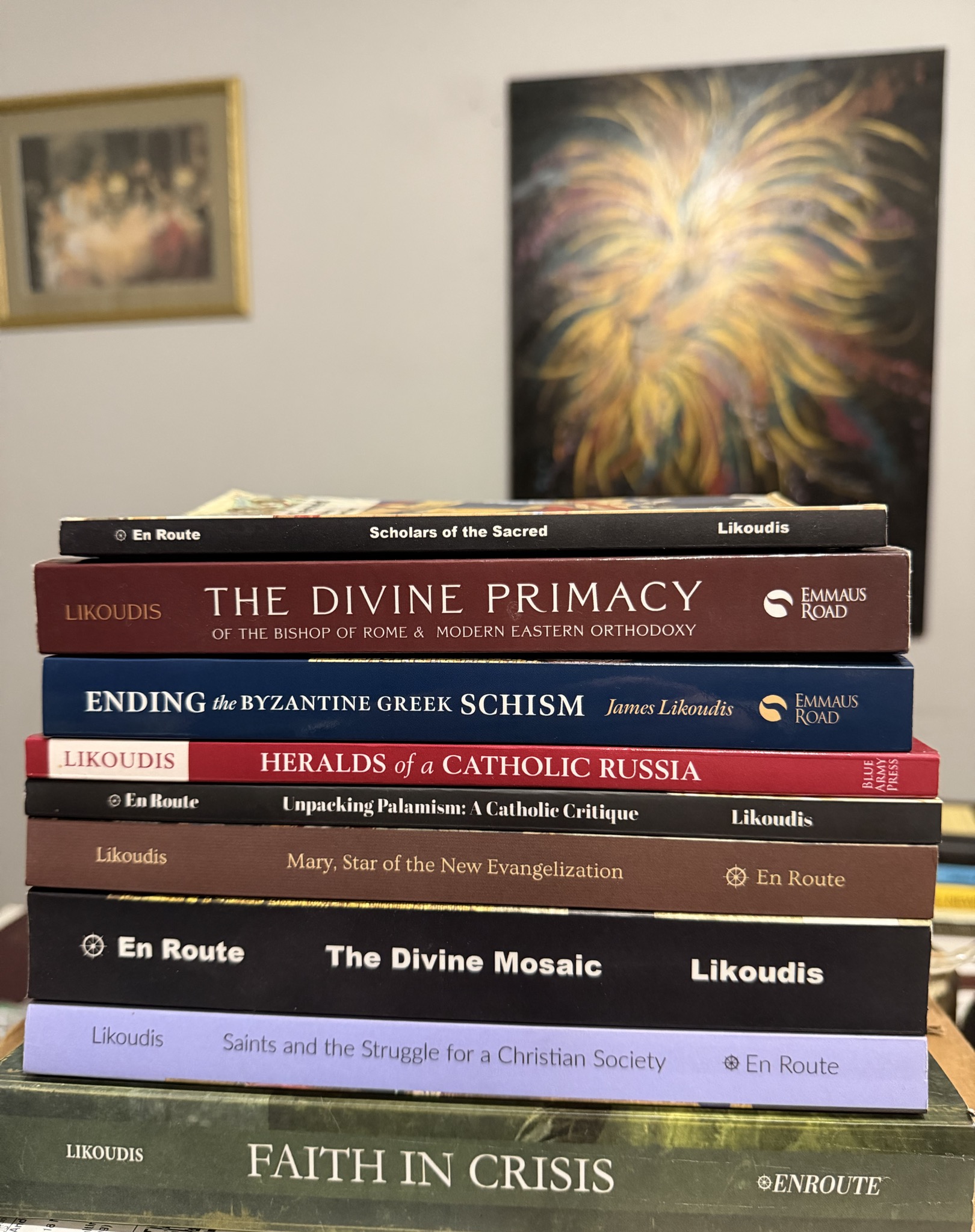 A stack of books bearing the Likoudis name, published 2020 through 2025.